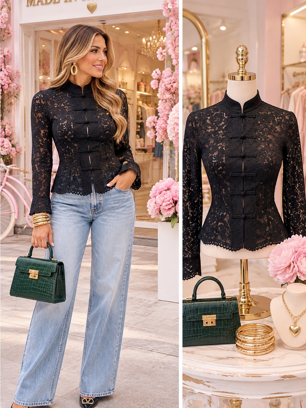 Black Lace Mandarin-Collar Button Blouse by